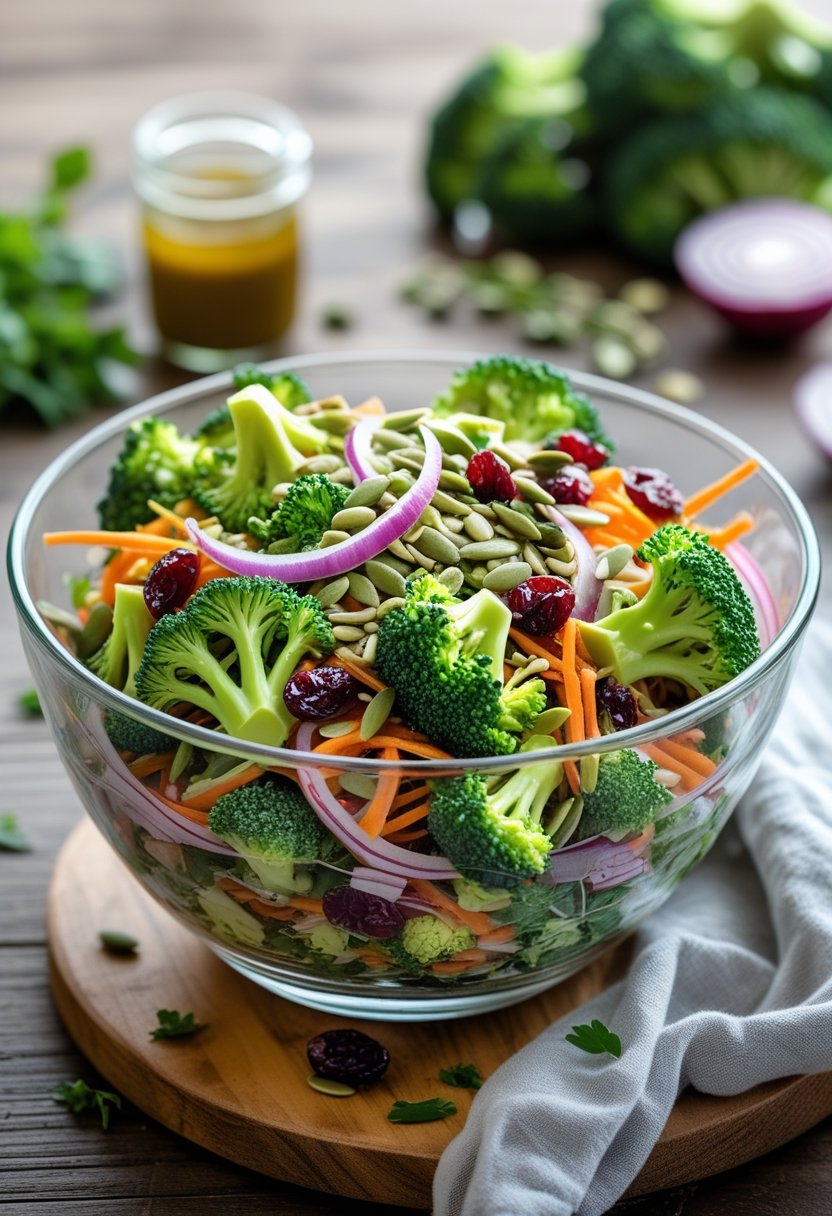 A bowl of fresh vegan broccoli salad with various colorful vegetables and vinaigrette dressing on a wooden table.