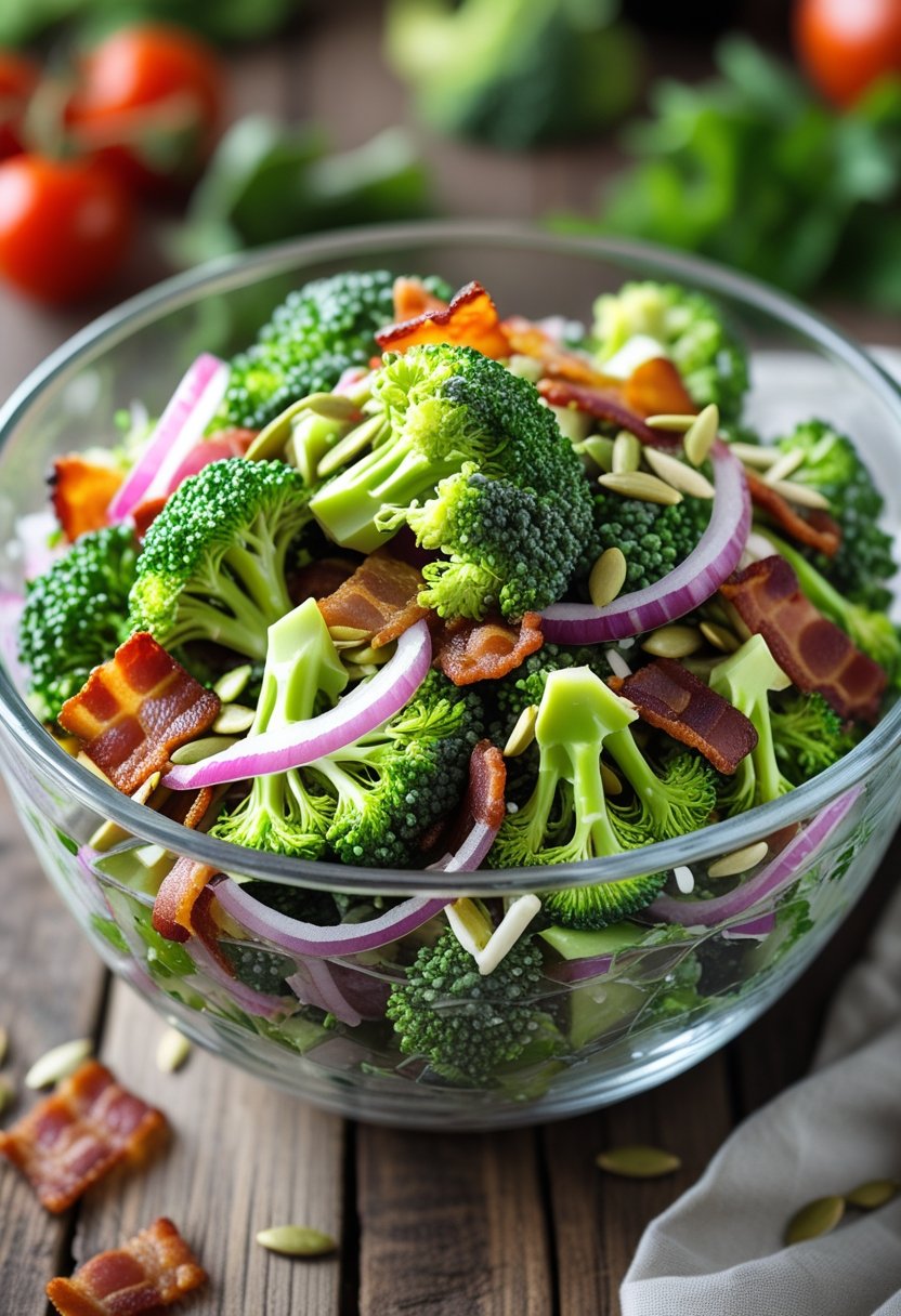 A bowl of broccoli salad with smoked bacon and sliced red onions on a wooden table.