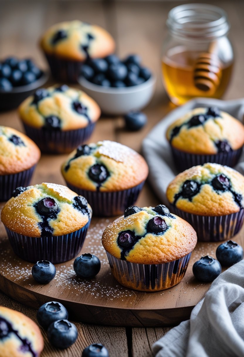 Seven freshly baked blueberry muffins arranged on a wooden table with scattered blueberries and a bowl of blueberries nearby.