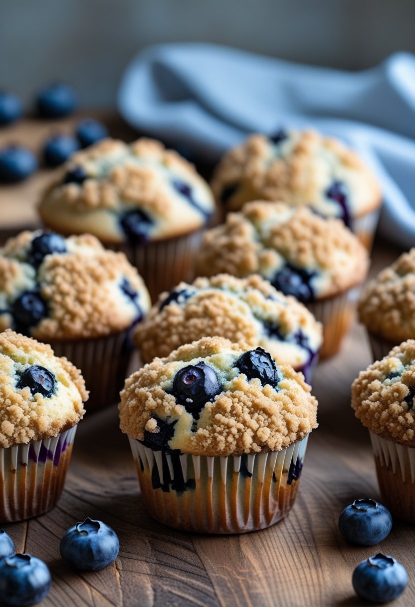 Seven blueberry muffins with cinnamon crumb topping arranged on a wooden surface with fresh blueberries nearby.