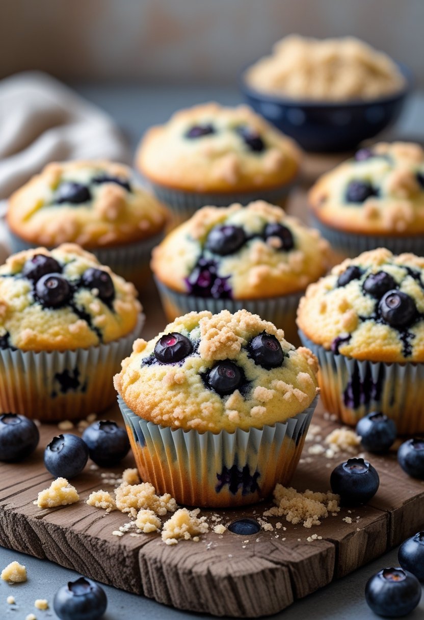 Seven blueberry muffins with streusel topping arranged on a wooden board with scattered blueberries around.