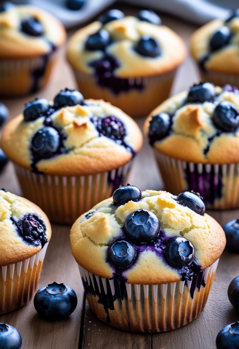 Seven vanilla blueberry muffins on a wooden surface with fresh blueberries scattered around.