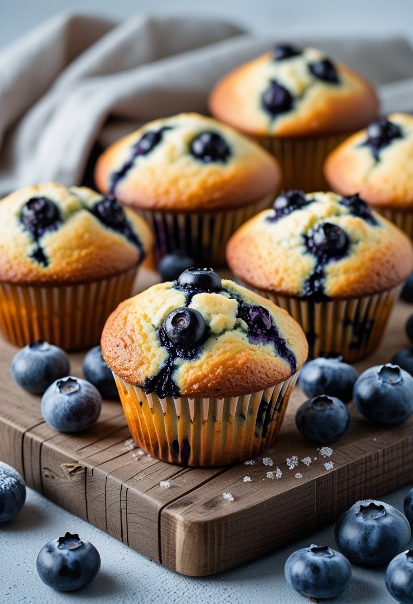 Seven blueberry muffins on a wooden board surrounded by fresh and frozen blueberries.