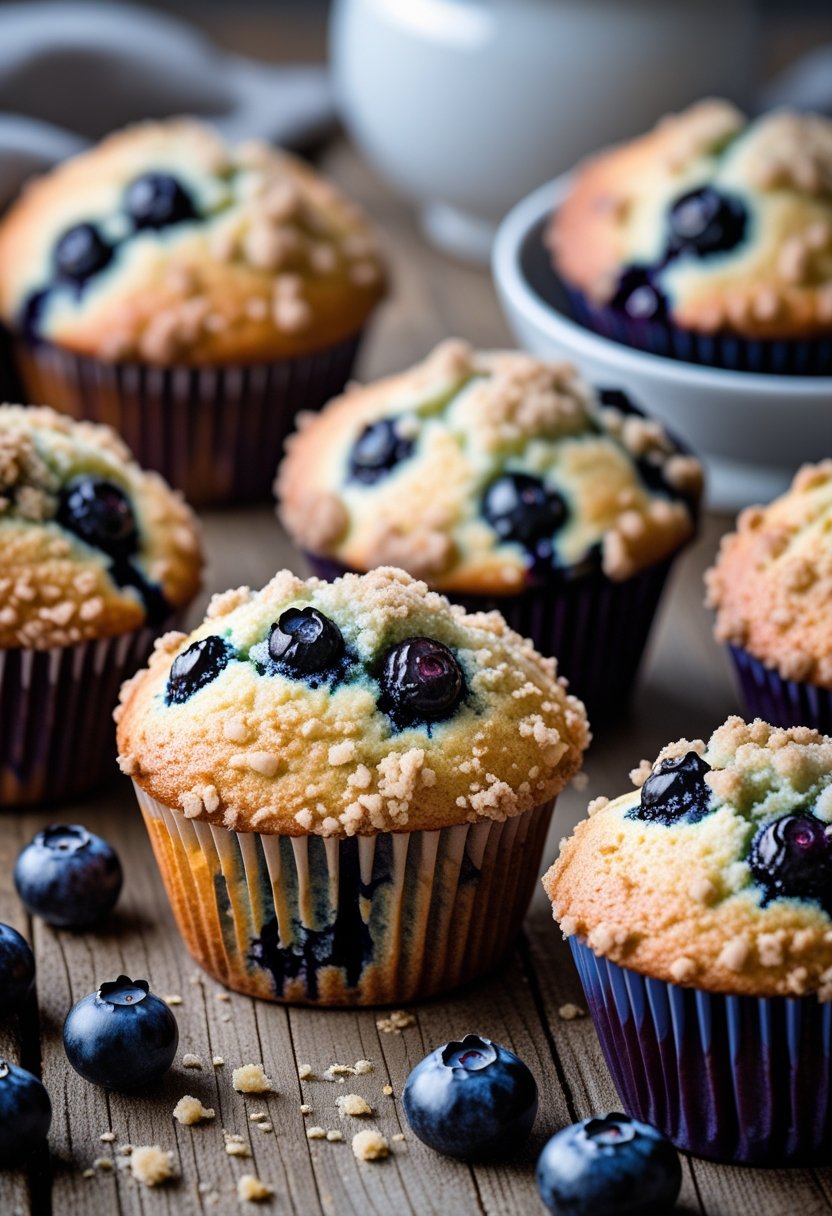 Seven blueberry muffins on a wooden table, some with crumb topping and fresh blueberries scattered around.
