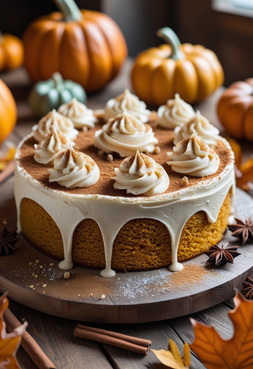 A freshly made pumpkin poke cake with cream cheese frosting on a wooden table surrounded by pumpkins and autumn spices.