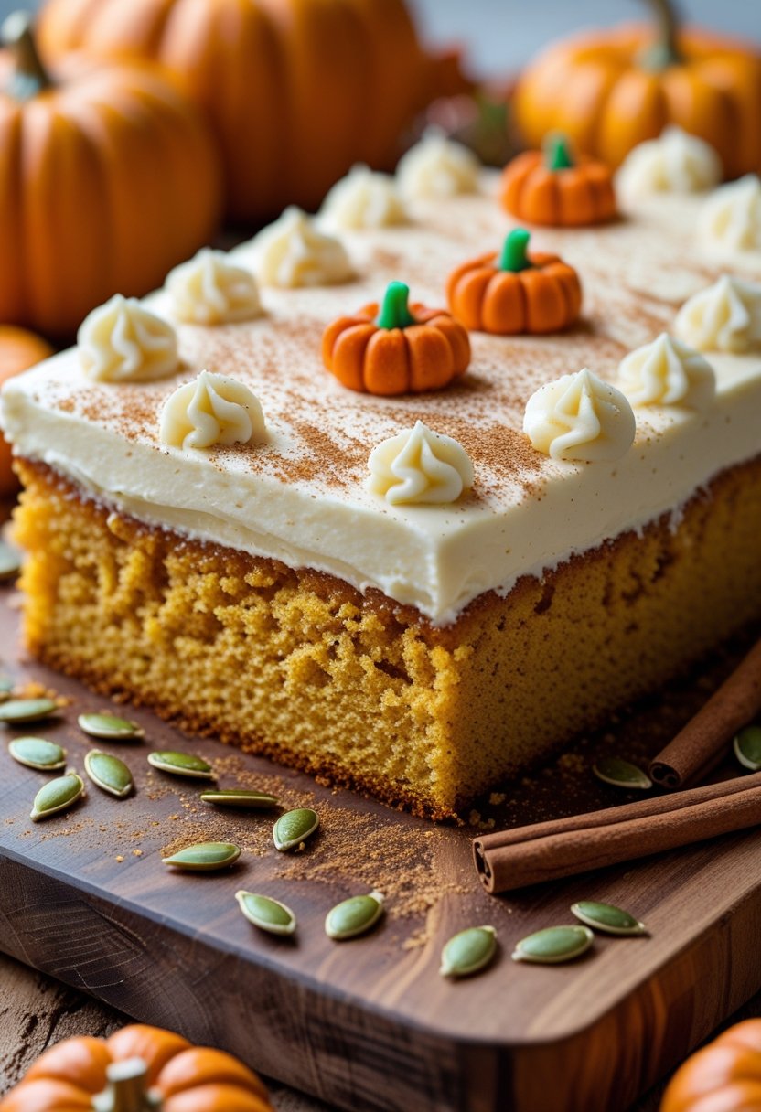 A rectangular pumpkin poke cake with cream cheese frosting on a wooden board, surrounded by small pumpkins and cinnamon sticks.