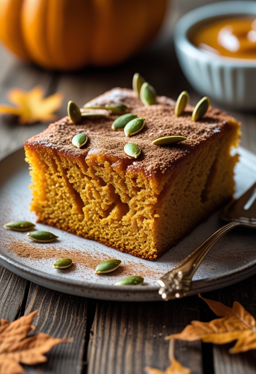 A moist pumpkin poke cake with sweetened condensed milk soak on a wooden table, garnished with pumpkin seeds and autumn leaves.