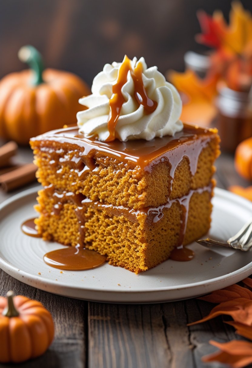 A slice of caramel-infused pumpkin poke cake topped with whipped cream on a plate with autumn decorations in the background.