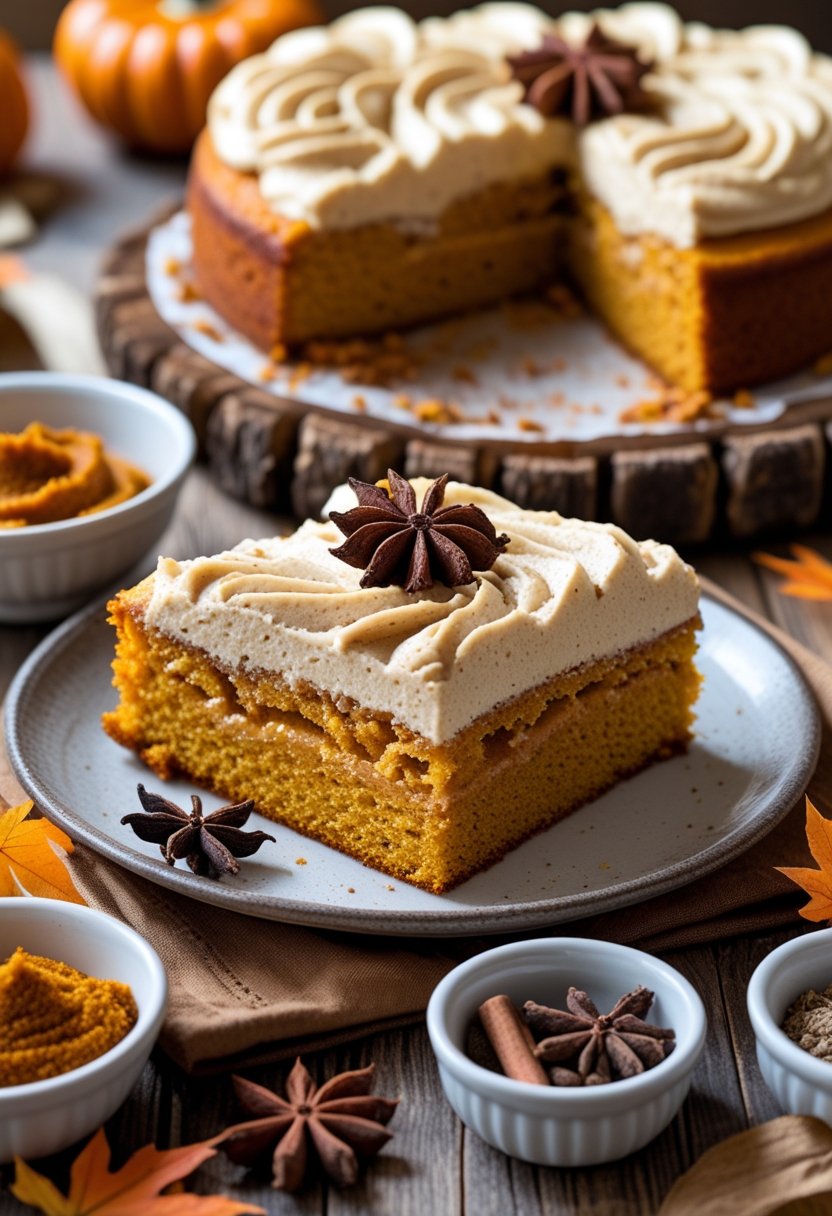 A freshly baked pumpkin poke cake with creamy filling on a wooden table, surrounded by pumpkin pie spice ingredients.