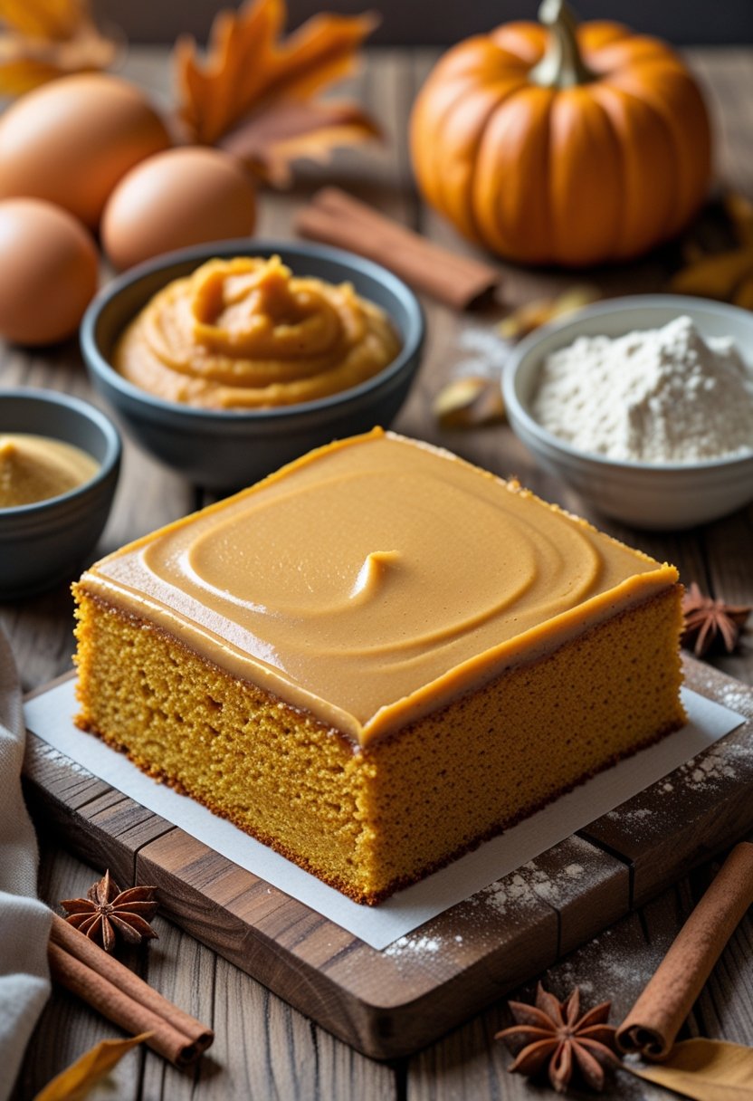 A freshly baked pumpkin poke cake on a wooden table surrounded by pumpkin puree, pudding mix, eggs, and flour with autumn decorations in the background.