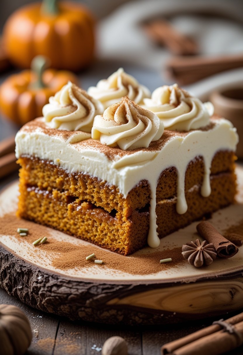 A close-up of a pumpkin cake with cream cheese frosting and cinnamon filling on a wooden board, surrounded by cinnamon sticks.