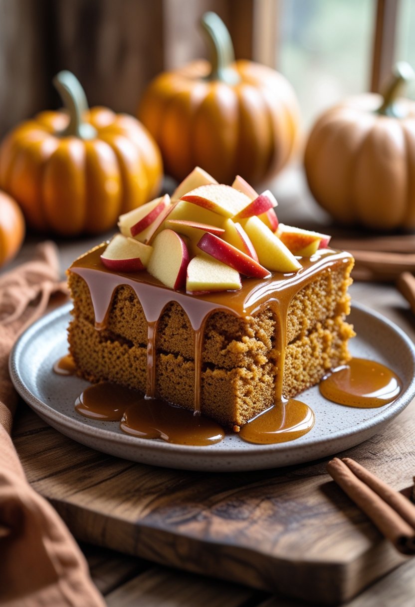 A slice of pumpkin cake topped with shredded apple and caramel drizzle on a wooden table with autumn decorations.