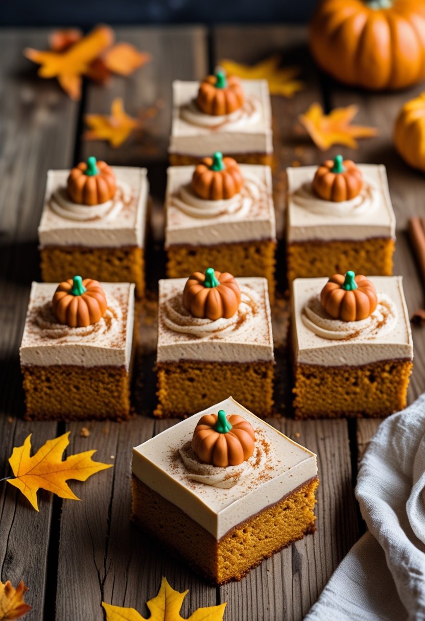 Six square pumpkin spice poke cakes with creamy frosting and cinnamon on a wooden table, surrounded by autumn leaves and a small pumpkin.