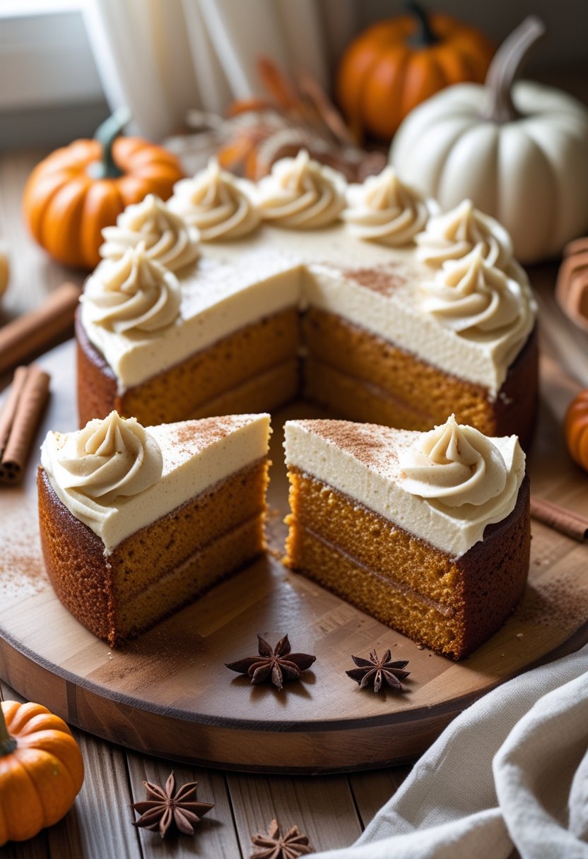 A sliced pumpkin spice poke cake topped with cream cheese frosting on a wooden table with autumn decorations.