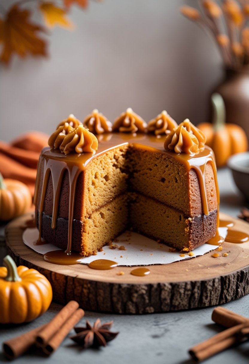 A sliced pumpkin spice poke cake with caramel drizzle on a wooden board surrounded by small pumpkins and cinnamon sticks.
