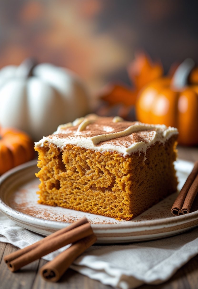 A close-up of a moist pumpkin spice poke cake on a white plate with cinnamon sticks nearby.