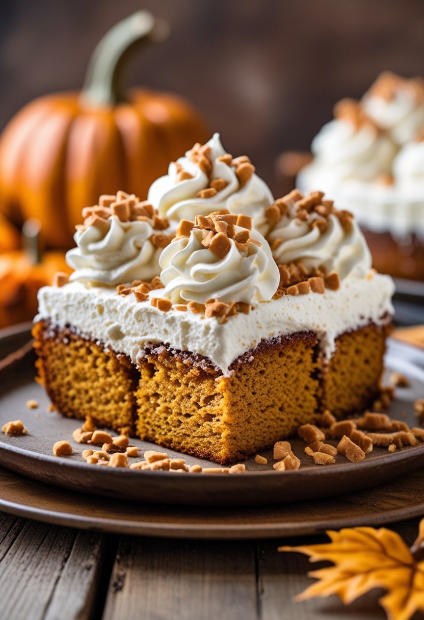 A slice of pumpkin spice poke cake topped with whipped cream and toffee bits on a wooden table.