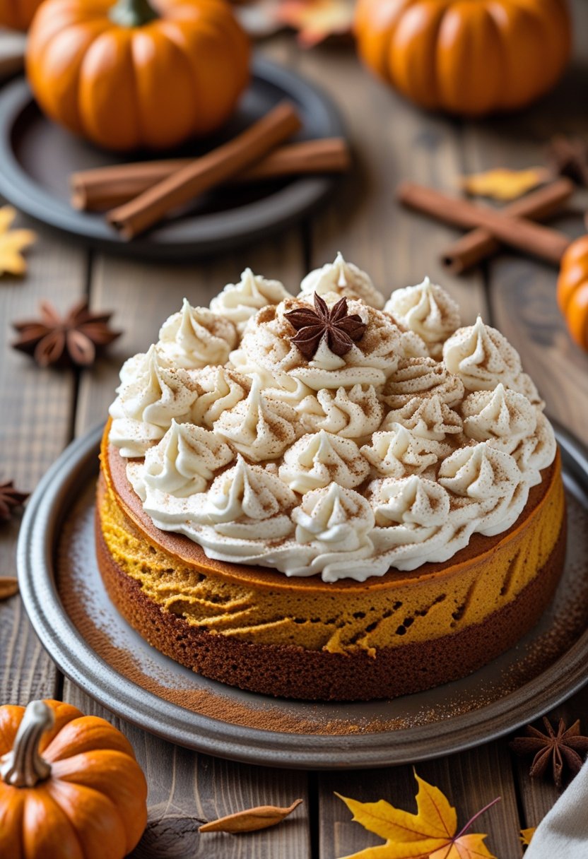 A pumpkin spice poke cake topped with whipped cream and autumn spices on a wooden table with pumpkins and fall decorations around it.