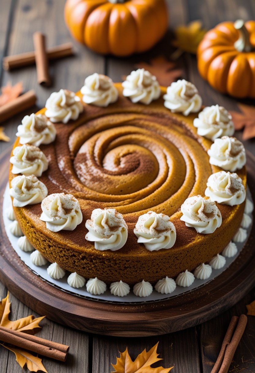 A freshly baked pumpkin spice poke cake with creamy filling on a wooden table surrounded by small pumpkins and cinnamon sticks.