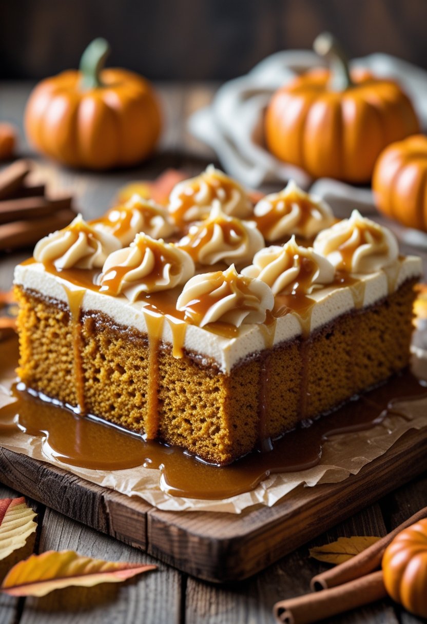 A pumpkin caramel poke cake on a wooden table with autumn decorations around it.