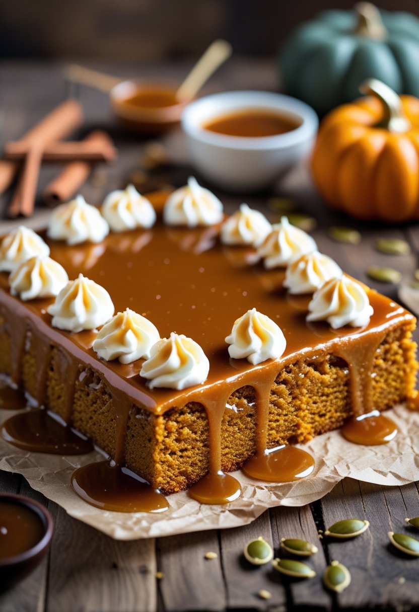 A freshly baked pumpkin caramel poke cake on a wooden table with caramel sauce and autumn decorations.