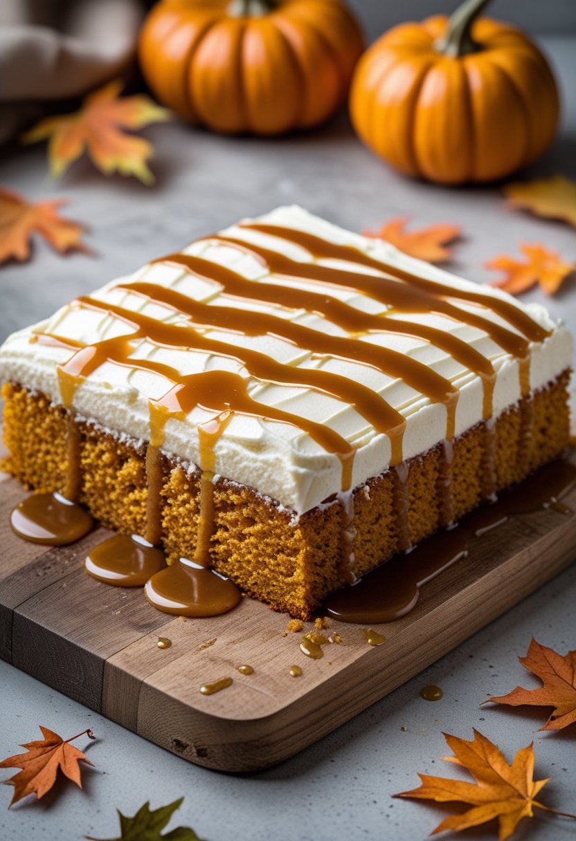 A rectangular pumpkin poke cake with cream cheese frosting and caramel drizzle on a wooden board, surrounded by small pumpkins and autumn leaves.