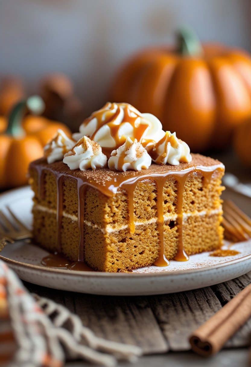 A close-up of a salted caramel pumpkin poke cake with caramel drizzle and whipped cream on a rustic wooden table with autumn decorations.