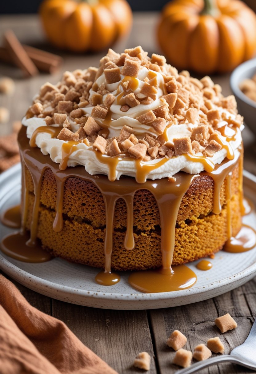 A close-up of a pumpkin caramel poke cake topped with caramel drizzle and toffee bits on a wooden table with autumn decorations in the background.