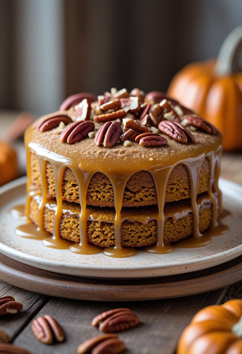 A slice of pumpkin caramel poke cake topped with caramel glaze and chopped pecans on a white plate.
