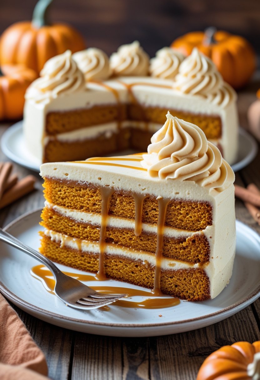 A sliced pumpkin cake with whipped caramel topping on a white plate on a wooden table, surrounded by autumn decorations.