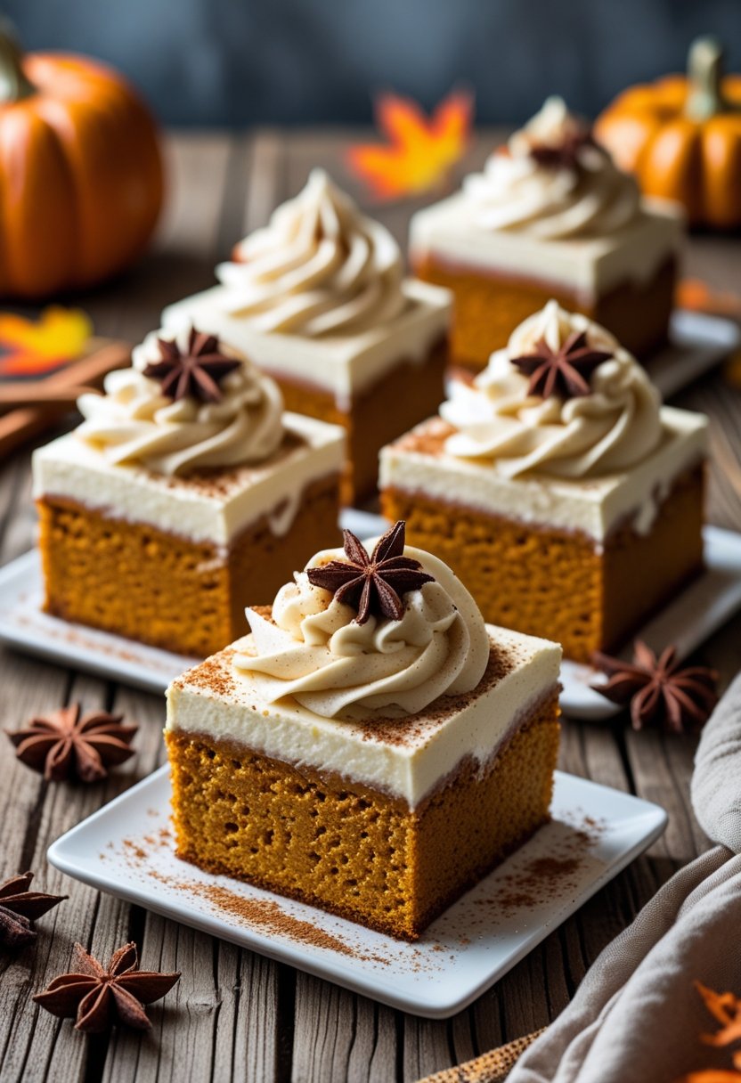 Six square pumpkin pie poke cakes with creamy frosting arranged on a wooden table with autumn decorations.