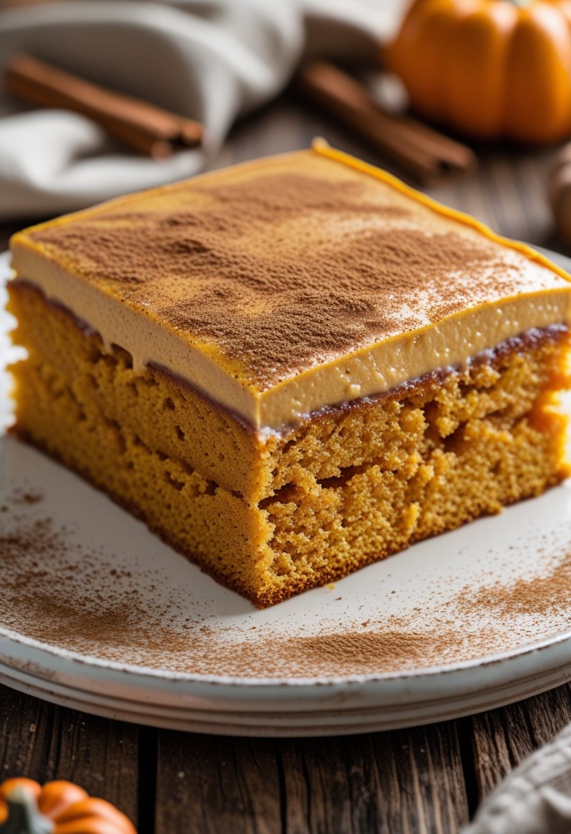 A close-up of a moist pumpkin pie poke cake on a white plate with autumn decorations in the background.