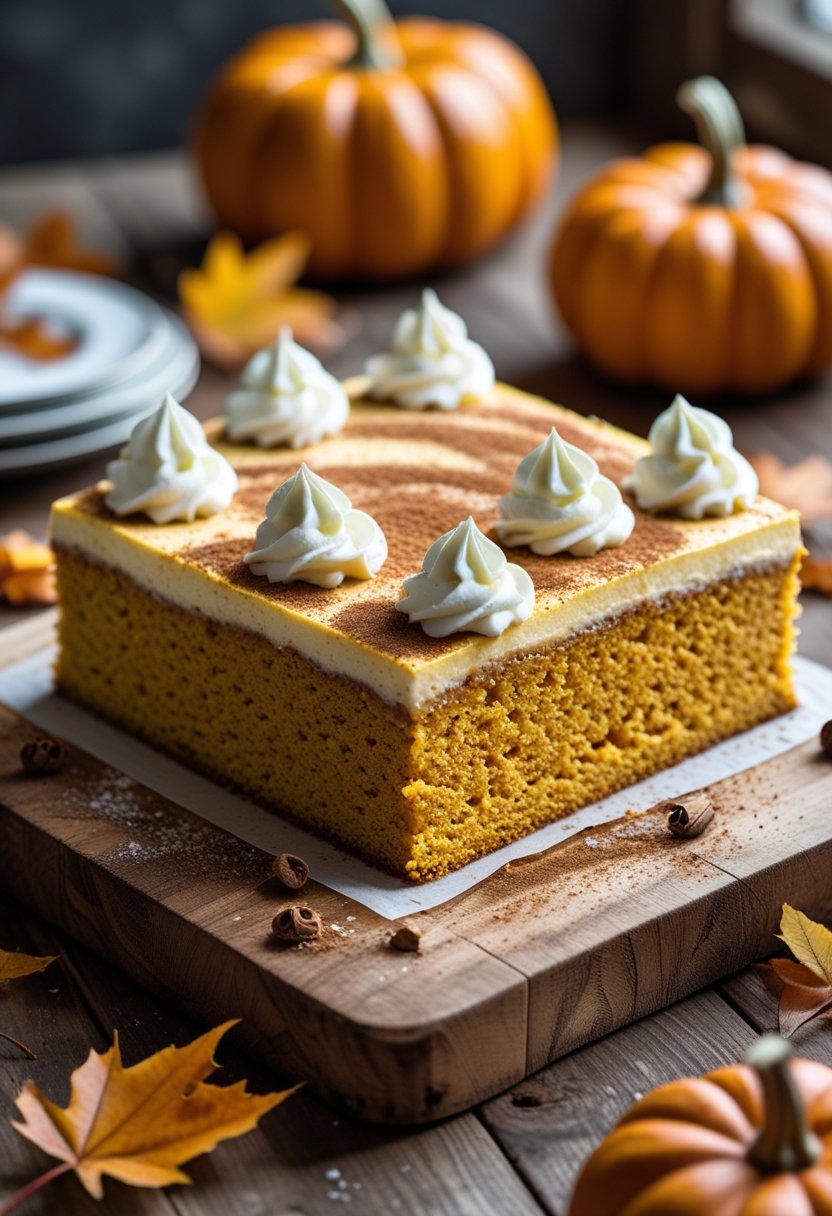 A rectangular pumpkin poke cake with swirls of pumpkin filling, topped with whipped cream, on a wooden cutting board with autumn leaves and pumpkins in the background.