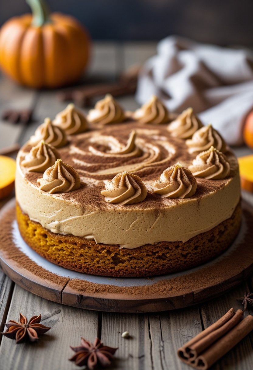 A pumpkin spice poke cake on a wooden table with cinnamon sticks and pumpkin slices around it.