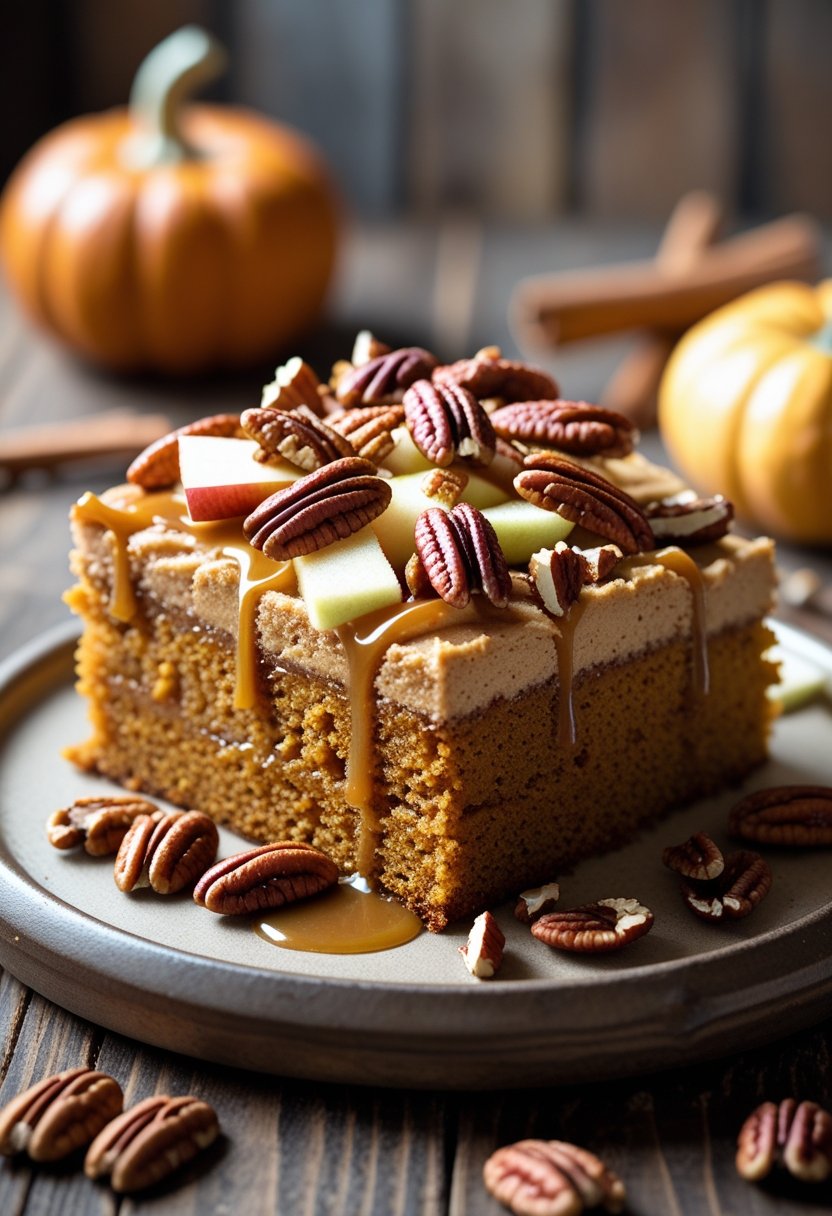 A caramel pumpkin poke cake topped with toasted pecans and shredded apple on a wooden table.