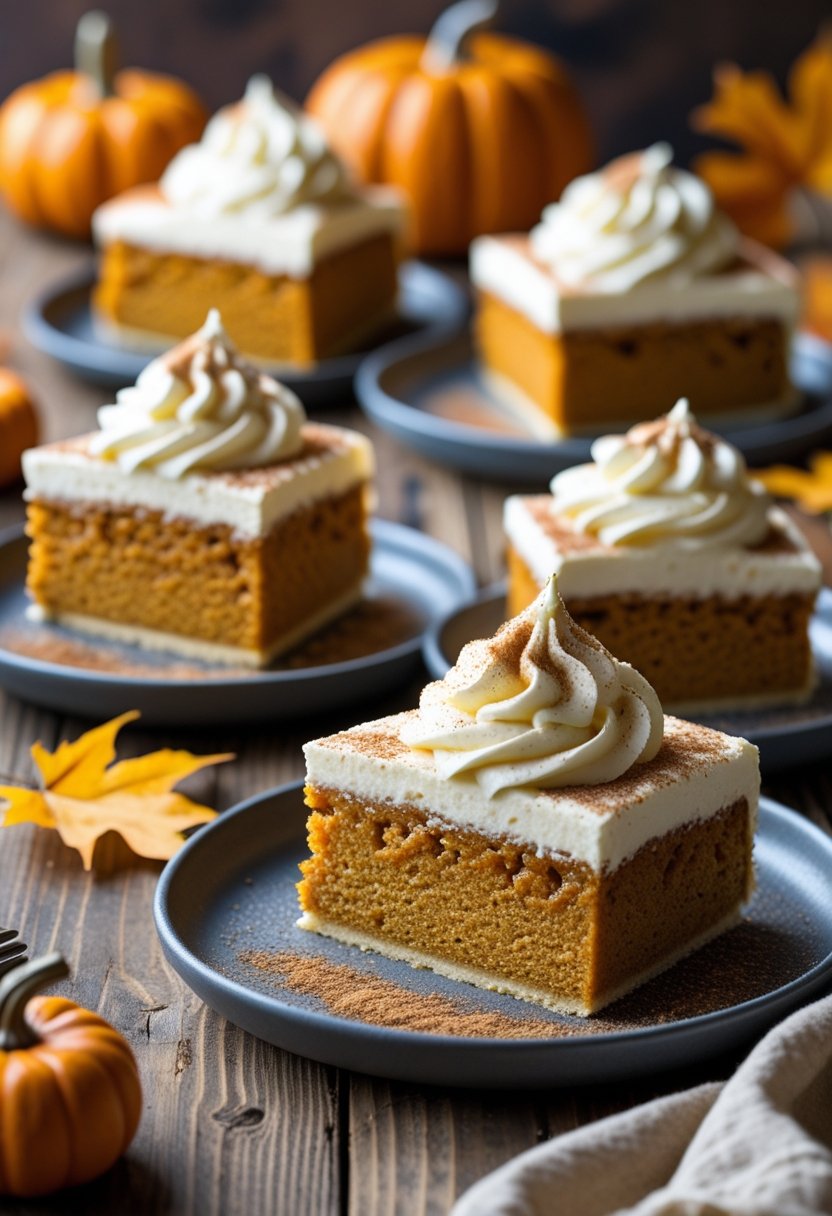 Six slices of pumpkin pie poke cake topped with cream cheese whipped cream on a wooden table with autumn decorations.