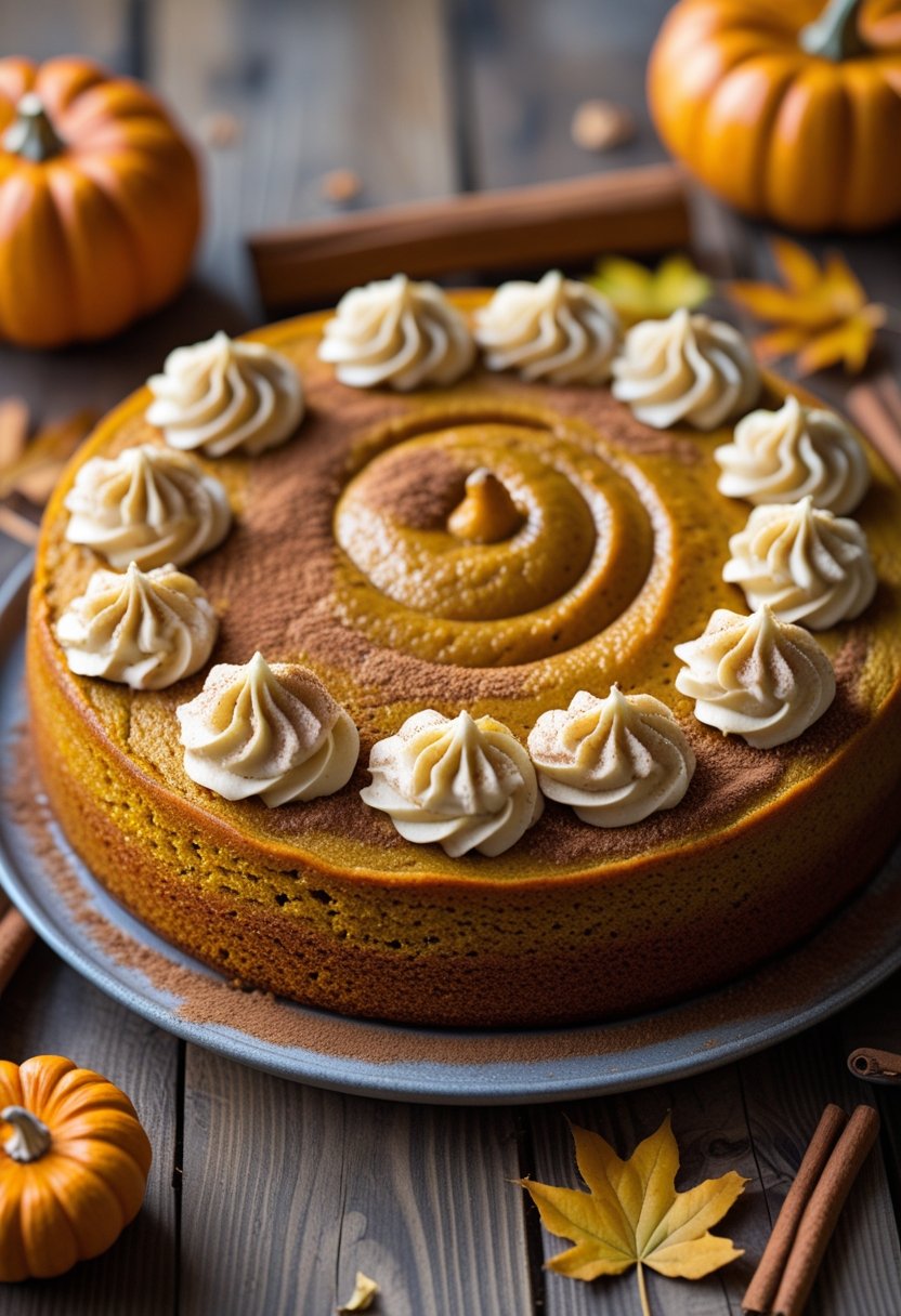 A freshly made pumpkin poke cake on a wooden table surrounded by small pumpkins and cinnamon sticks.