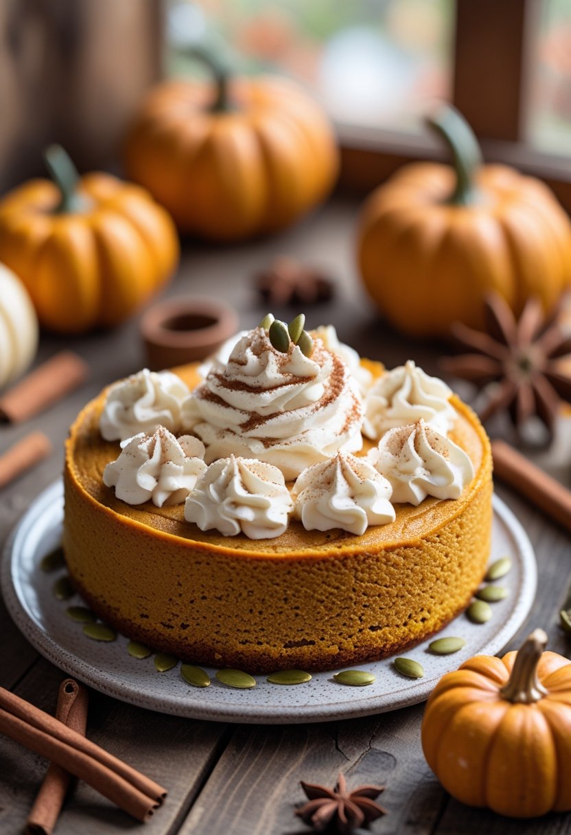 A pumpkin poke cake topped with whipped cream and cinnamon on a wooden table with pumpkins and cinnamon sticks around it.