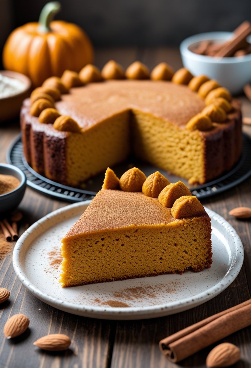 A slice of keto pumpkin poke cake on a white plate with almonds and cinnamon on a wooden table, with a bowl of almond flour and a pumpkin in the background.