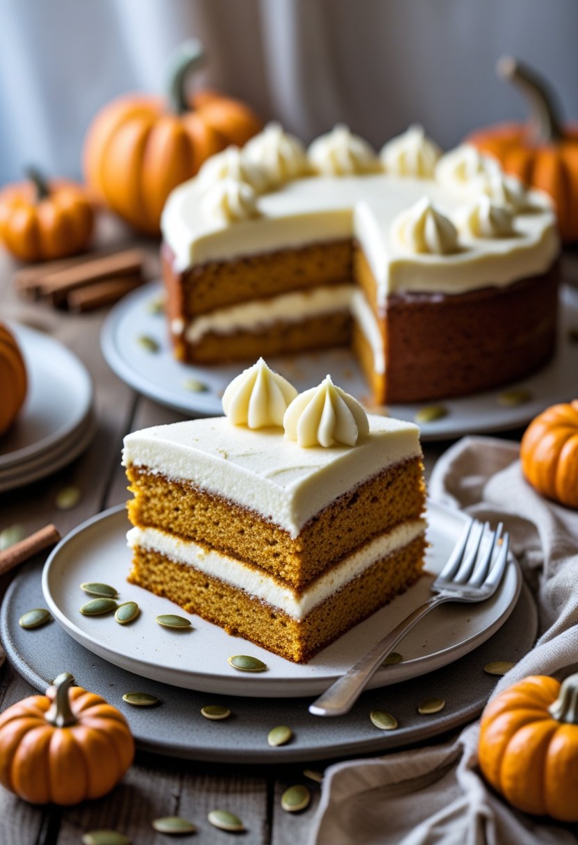 A sliced keto pumpkin poke cake with creamy frosting on a plate, surrounded by autumn decorations on a wooden table.