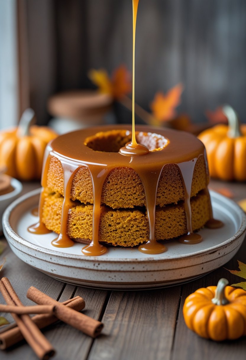 A moist pumpkin poke cake drizzled with gooey caramel sauce on a white plate with autumn decorations in the background.