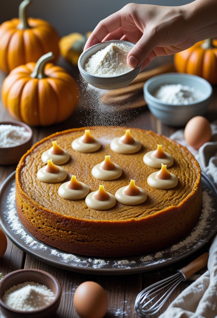 A freshly baked keto pumpkin poke cake with creamy filling on a wooden table surrounded by pumpkins and coconut flour, with a hand sprinkling coconut flour over the cake.