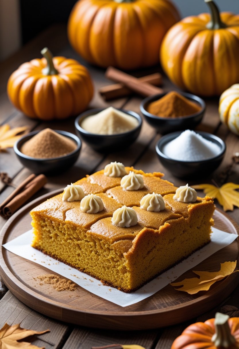A keto pumpkin poke cake on a wooden table surrounded by bowls of sugar substitutes, pumpkins, and cinnamon sticks.