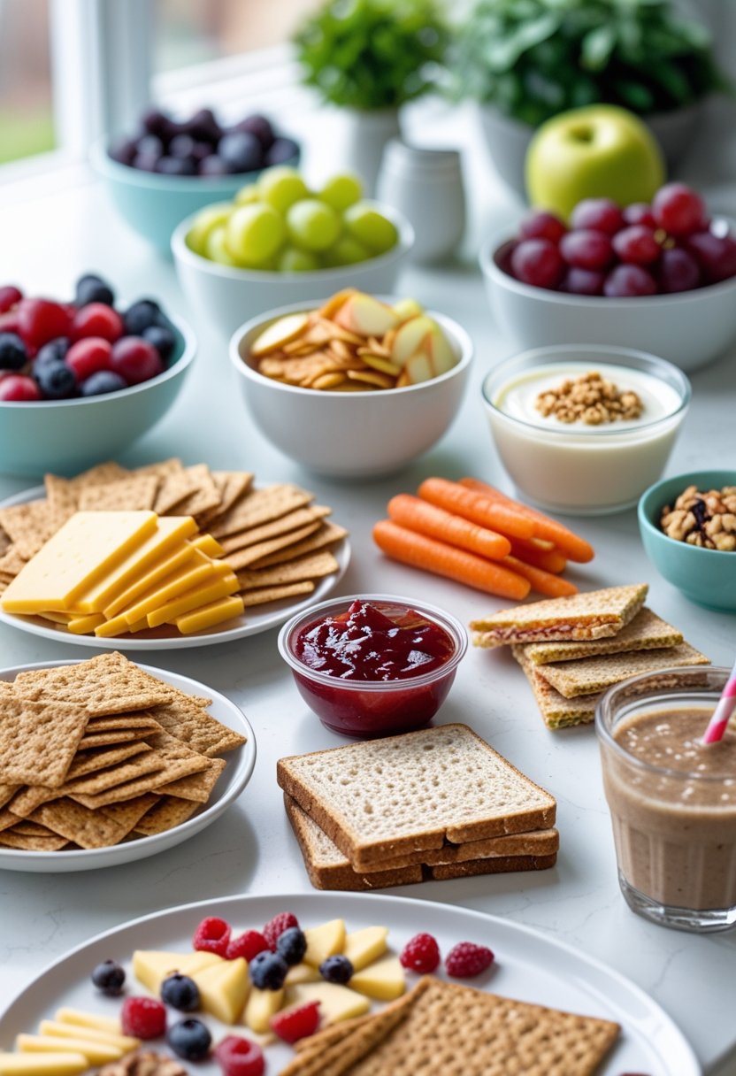 Seven different healthy after school snacks arranged on a kitchen table, including fruit, crackers with cheese, yogurt with granola, carrots with hummus, a sandwich, a smoothie, and trail mix.