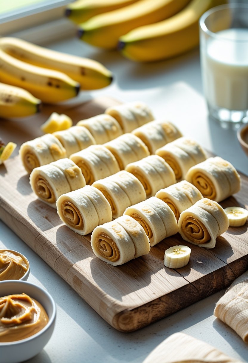 Close-up of sliced peanut butter and banana roll-ups on a wooden board with bananas, peanut butter, and a glass of milk nearby.