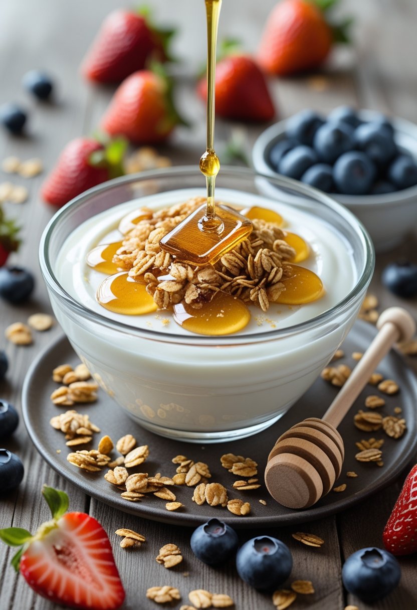 A bowl of Greek yogurt topped with honey and granola on a wooden table, surrounded by fresh berries and a honey dipper.