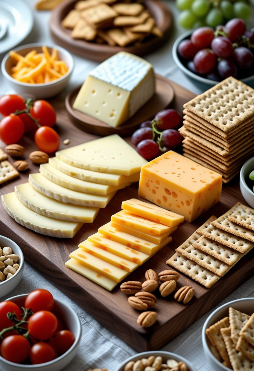 A wooden board with sliced cheese and whole grain crackers surrounded by grapes, cherry tomatoes, and nuts on a table.