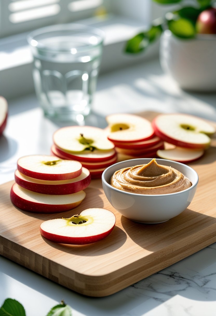 Apple slices arranged on a cutting board next to a bowl of almond butter on a kitchen countertop.