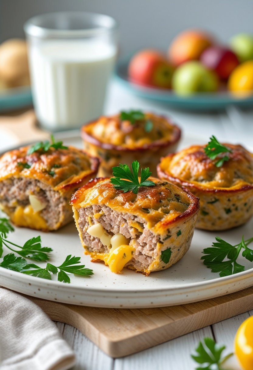 Plate of mini turkey and cheese meatloaves garnished with parsley on a wooden table with a glass of milk in the background.