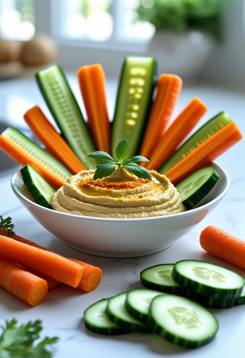 Plate of hummus surrounded by carrot and cucumber sticks on a kitchen countertop.